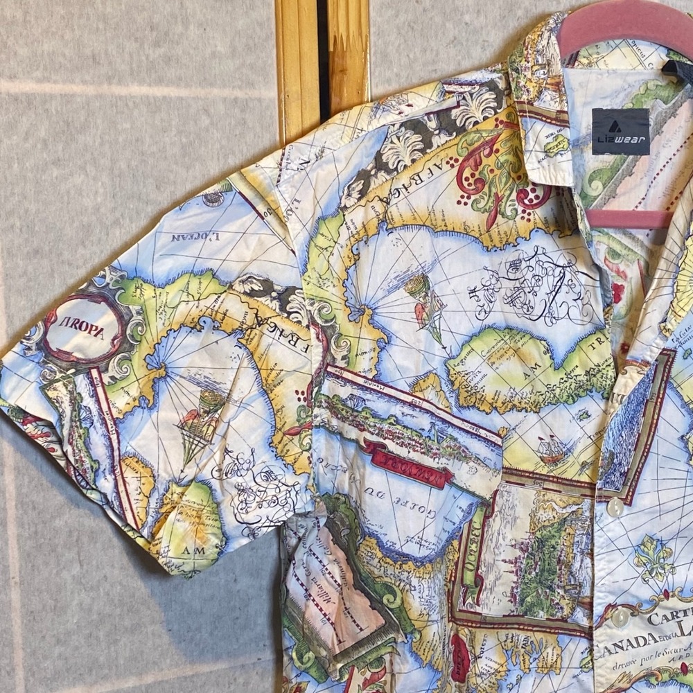 Lizwear Mens Vintage World Map Print Button Down Shirt Short Sleeve Cotton Med - Picture 4 of 13